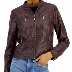 Jou Jou Maroon Fur Lined Leather Moto Jacket - 2XL